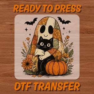 May include: A Halloween-themed DTF transfer design featuring a friendly ghost embracing a black cat, surrounded by pumpkins, flowers, and bats. The words "READY TO PRESS" and "DTF TRANSFER" are in orange text.