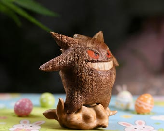 Handcrafted Wooden Sapele Azu Gengar Figurine, Adorable desktop sculpture – a natural wood fan collectible gift