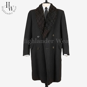 Luxury Black Persian Lamb Collar Double Breasted Wool Men's Overcoat.