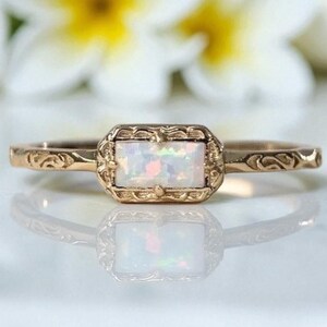 Unique Opal Baguette Ring, Opal Gemstone Ring, 925 Sterling Silver Gold Plated Ring, October Birthstone Ring, Minimalist Stacking Ring Gift