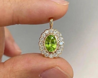 Oval Peridot Halo Pendant | Simulated Diamond, Bezel Set Charm, 925 Silver