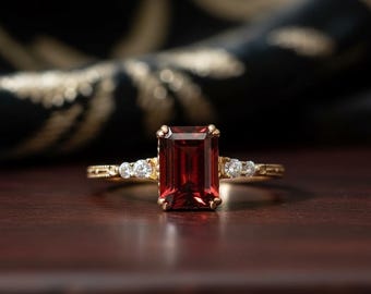 Emerald Cut Lab Ruby Engagement Ring | 18K Yellow Gold Wedding Ring