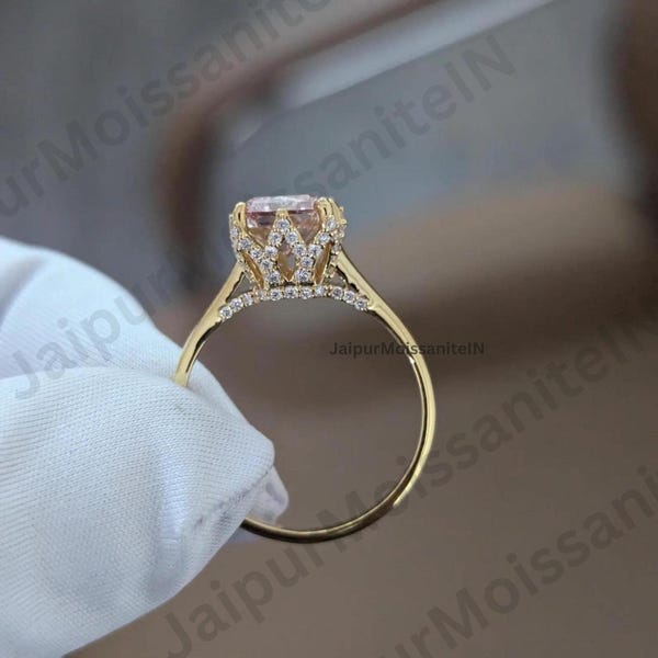 Moissanit Ring rosa strahlend | 14K Gold Versteckter Halo Verlobungsring