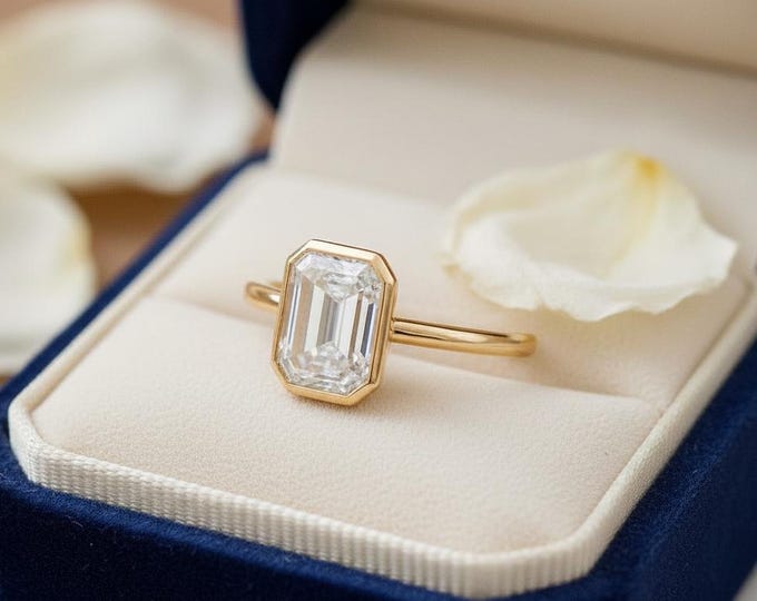 Featured listing image: 2CT Emerald Cut Moissanite Ring | Bezel Set Gold Promise Ring