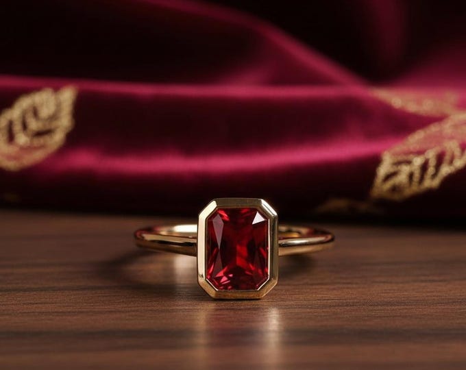 Featured listing image: Vintage Emerald Cut Ruby Ring | Bezel Set Yellow Gold Promise Ring | Unique Band