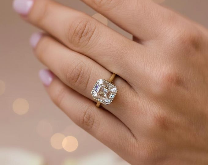 Featured listing image: 2CT Asscher Cut Moissanite Ring | Bezel Set Solitaire Engagement Ring