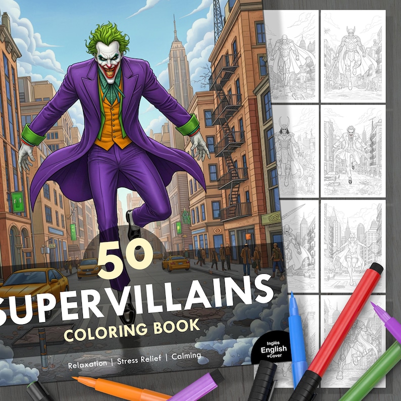May include: A colouring book titled "50 Supervillains Coloring Book" featuring a vibrant illustration of the Joker in a city setting. The book includes line art illustrations of various supervillains. The cover also includes the text "Relaxation | Stress Relief | Calming".