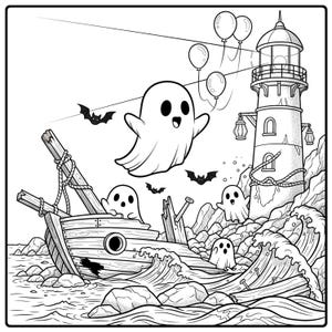 K&ouml;nnte beinhalten: Schwarz-Wei&szlig;-Illustration einer Halloween-Szene. Ein Schiffswrack mit Geistern, Flederm&auml;usen und einem Leuchtturm. Geister schweben in der N&auml;he des Schiffes und des Leuchtturms, mit Ballons am Leuchtturm befestigt. Wellen schlagen um das Schiff.