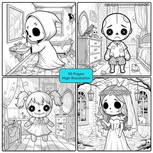 May include: Black and white illustrations of four spooky characters in different settings. The images include a grim reaper, a zombie, a doll, and a bride. The text "50 Pages High Resolution" is also included.