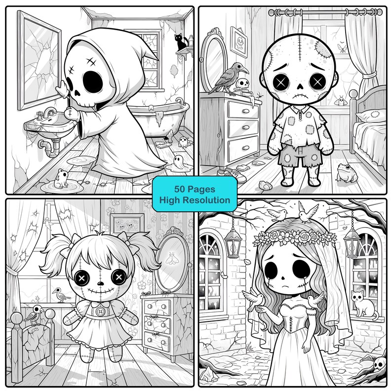 May include: Black and white illustrations of four spooky characters in different settings. The images include a grim reaper, a zombie, a doll, and a bride. The text "50 Pages High Resolution" is also included.