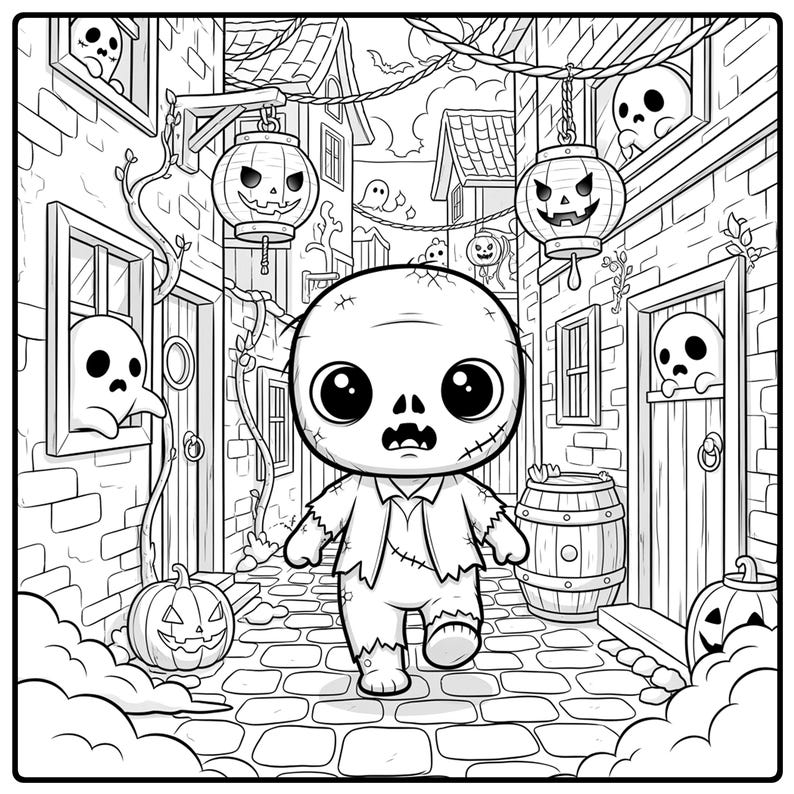 K&ouml;nnte beinhalten: Schwarz-Wei&szlig;-Illustration zum Thema Halloween, die einen Zombie zeigt, der eine Kopfsteinpflasterstra&szlig;e entlanggeht. Die Szene umfasst K&uuml;rbislaternen, Geister und ein Fass. Der Zombie hat gro&szlig;e Augen und gen&auml;hte Details.