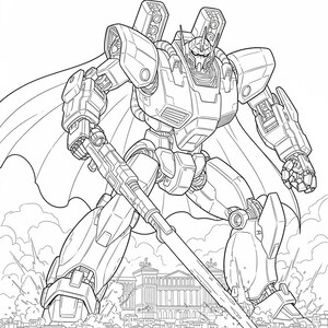 May include: Line art illustration of a large robot with a cape and a sword, standing over a city. The robot has detailed mechanical features and is in a dynamic pose, suggesting action. The city below is also detailed.