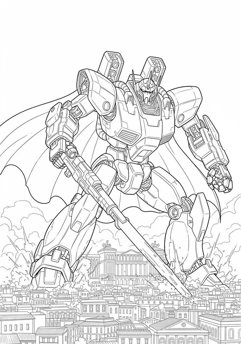May include: Line art illustration of a large robot with a cape and a sword, standing over a city. The robot has detailed mechanical features and is in a dynamic pose, suggesting action. The city below is also detailed.
