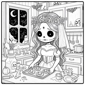 May include: Black and white illustration of a spooky bride in a kitchen, baking pumpkin-shaped cookies. The scene includes bats, ghosts, and a night sky visible through a window, creating a Halloween theme.