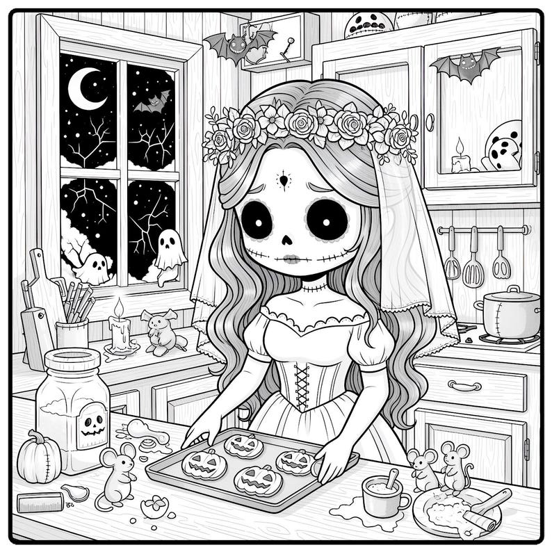 May include: Black and white illustration of a spooky bride in a kitchen, baking pumpkin-shaped cookies. The scene includes bats, ghosts, and a night sky visible through a window, creating a Halloween theme.