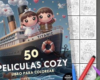 Cozy Movie Coloring Book. 50 Fun Illustrations + Cover. Kids and Adults. Relaxation, Stress Relief, Creative Fun. Instant Digital Download