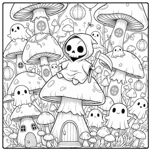 K&ouml;nnte beinhalten: Schwarz-Wei&szlig;-Illustration einer skurrilen Szene mit Pilzen, Geistern und einer Sensenmann-Figur. Der Sensenmann sitzt auf einem gro&szlig;en Pilz und h&auml;lt eine Sense. Andere Pilze haben T&uuml;ren und Fenster.