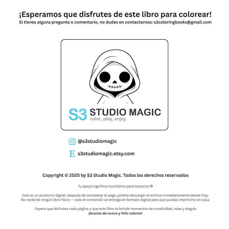 K&ouml;nnte beinhalten: Werbung f&uuml;r ein digitales Malbuch mit dem Text "&iexcl;Esperamos que disfrutes de este libro para colorear!" und einem Cartoon-Sensenmann-Logo. Der Etsy-Shop-Name und die Social-Media-Handles werden ebenfalls angezeigt.