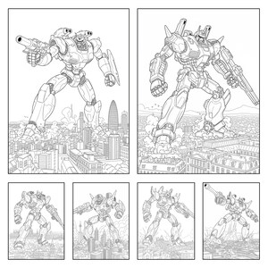May include: Black and white illustrations of giant robots in a city setting. The robots are detailed with mechanical parts and weaponry. The images depict the robots towering over buildings, suggesting a theme of destruction or dominance. The style is reminiscent of comic book art.