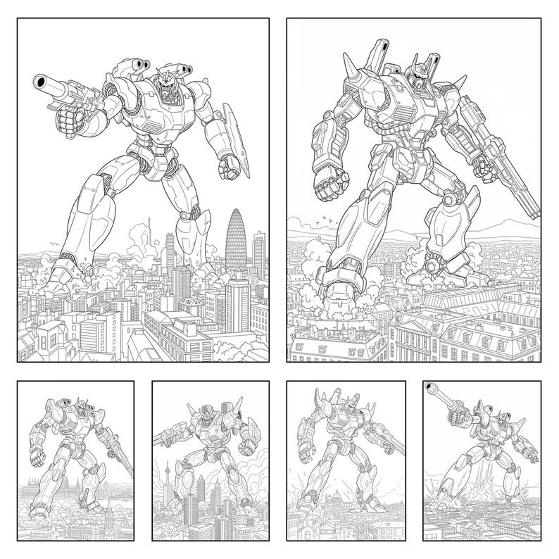 May include: Black and white illustrations of giant robots in a city setting. The robots are detailed with mechanical parts and weaponry. The images depict the robots towering over buildings, suggesting a theme of destruction or dominance. The style is reminiscent of comic book art.
