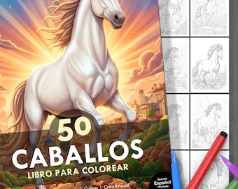 Horses Coloring Book. 50 Detailed Illustrations + Cover. Kids and Adults. Relaxation, Stress Relief & Creative Fun. Instant Digital Download