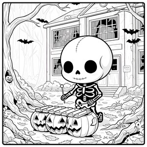 May include: Black and white Halloween-themed illustration of a skeleton playing a xylophone made of jack-o'-lanterns. The skeleton has a stitched head and is in front of a spooky house with bats flying in the background.