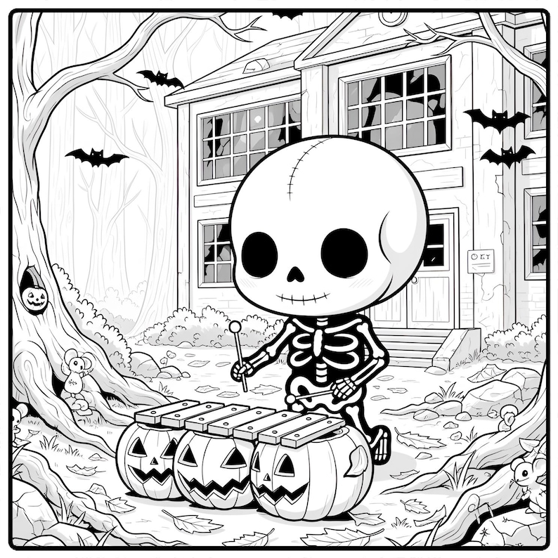 May include: Black and white Halloween-themed illustration of a skeleton playing a xylophone made of jack-o'-lanterns. The skeleton has a stitched head and is in front of a spooky house with bats flying in the background.