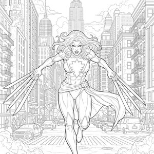 May include: Black and white comic illustration of a female superhero running through a city street. She has long hair, a costume with a starburst design, and metal claws extending from her hands. The background features buildings and cars.