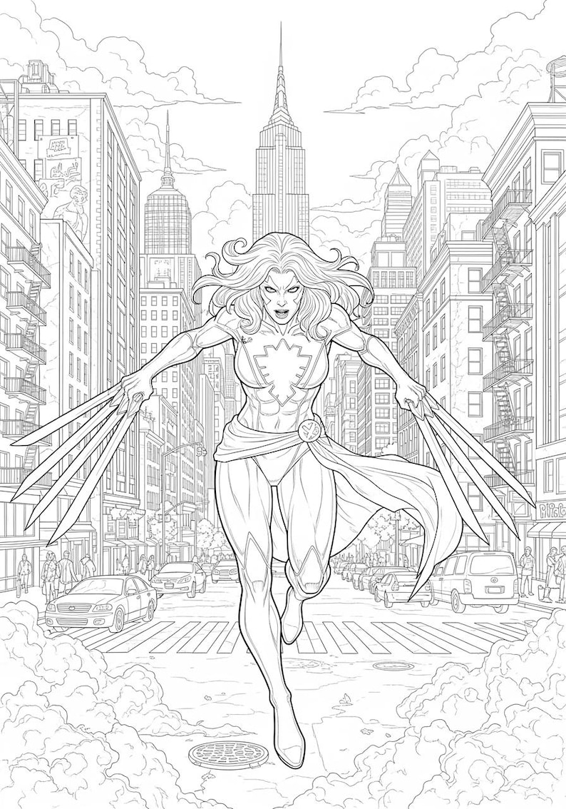 May include: Black and white comic illustration of a female superhero running through a city street. She has long hair, a costume with a starburst design, and metal claws extending from her hands. The background features buildings and cars.