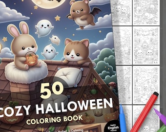 Cozy Halloween Coloring Book – 50 Illustrations + Cover for Kids & Adults. Relaxation, Stress Relief, Creative Fun. Instant Digital Download