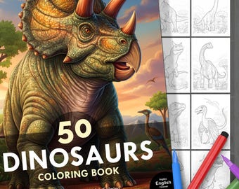Dinosaurier-Malbuch. 50 Illustrationen + Cover für Kinder von 4 bis 12 Jahren. Spielen, Entspannen, Lernen und kreativer Spaß. Sofortiger digitaler Download