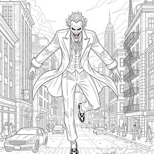 May include: Monochrome illustration of a character in a suit, leaping down a city street. The character has wild hair and a wide grin. Buildings and cars fill the background, with the Empire State Building visible in the distance.