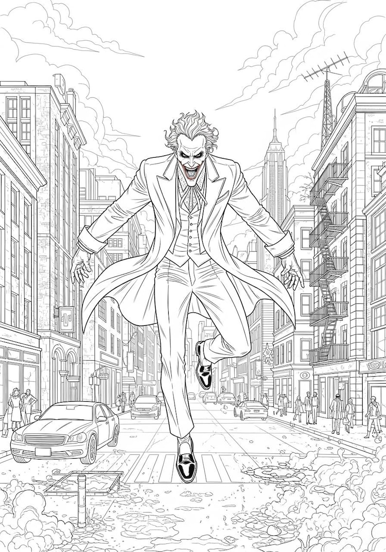 May include: Monochrome illustration of a character in a suit, leaping down a city street. The character has wild hair and a wide grin. Buildings and cars fill the background, with the Empire State Building visible in the distance.