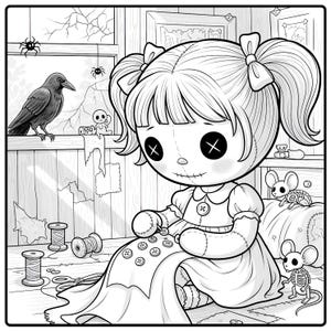 May include: Black and white illustration of a doll sewing buttons onto a dress. A crow sits on a windowsill, with spiders and a skeleton mouse nearby. Spools of thread and scissors are on the floor. The doll has stitched features and pigtails.