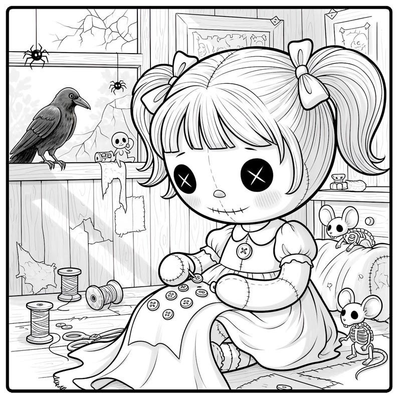 May include: Black and white illustration of a doll sewing buttons onto a dress. A crow sits on a windowsill, with spiders and a skeleton mouse nearby. Spools of thread and scissors are on the floor. The doll has stitched features and pigtails.