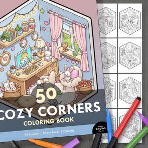 Könnte beinhalten: Ein Malbuch mit dem Titel "50 Cozy Corners" mit einer Cartoon-Illustration eines gemütlichen Zimmers. Das Cover zeigt einen Schreibtisch mit Computer, einen Stuhl und ein Fenster mit rosa Vorhängen. Das Buch ist für Entspannung und Stressabbau konzipiert.