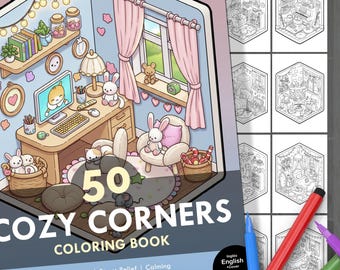 Cozy Corners Coloring Book. 50 Cozy Illustrations + Cover. Kids & Adults. Relaxation, Stress Relief, Creative Fun. Instant Digital Download