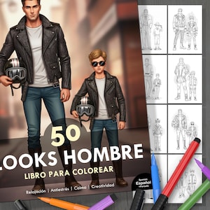 Puede incluir: Un libro para colorear titulado "50 Looks Hombre" presenta ilustraciones de moda masculina. La portada muestra a un hombre y a un niño con chaquetas de cuero, vaqueros y botas, sosteniendo cascos. El libro incluye el texto "Libro Para Colorear".