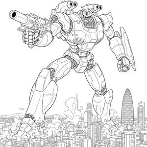 May include: Line art illustration of a giant robot striding through a city, holding a large gun. The robot has detailed mechanical features and is towering over buildings. The background shows a cityscape with various skyscrapers and structures.
