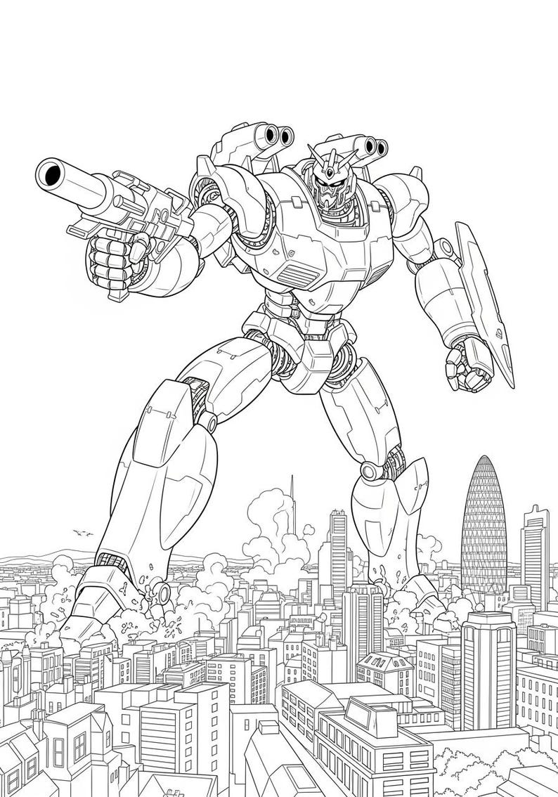 May include: Line art illustration of a giant robot striding through a city, holding a large gun. The robot has detailed mechanical features and is towering over buildings. The background shows a cityscape with various skyscrapers and structures.