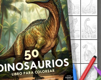 Dinosaur Coloring Book. 50 Illustrations + Cover for Kids Ages 4-12. Play, Relaxation, Learning, and Creative Fun. Instant Digital Download