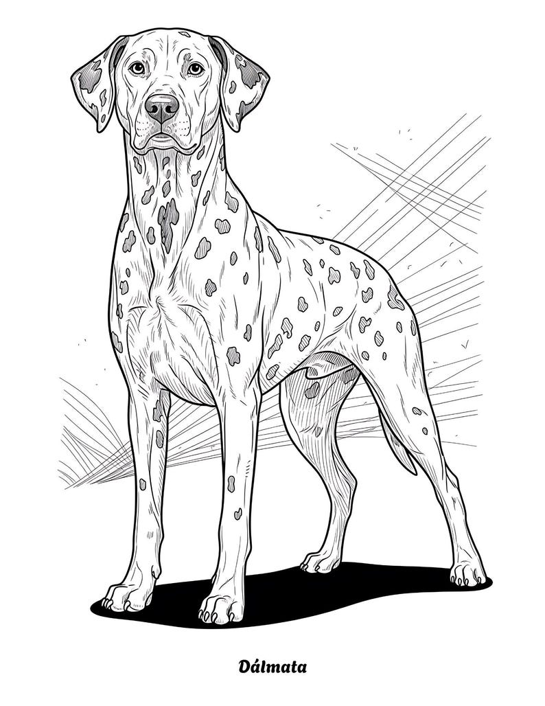 K&ouml;nnte beinhalten: Schwarz-Wei&szlig;-Illustration eines Dalmatinerhundes. Der Hund steht, nach vorne gerichtet, mit einem schwarzen Schatten darunter. Der Hund hat schwarze Flecken auf seinem wei&szlig;en Fell. Das Wort "D&aacute;lmata" steht unten in Schwarz.