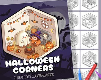 Halloween Corners Coloring Book. 15 Cute & Cozy Pages + Bonus Cover. Relaxation, Stress Relief and Creative Fun. Instant Digital Download