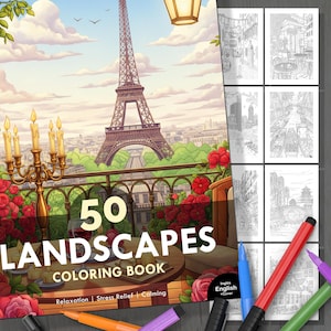 Puede incluir: Un libro para colorear titulado "50 Paisajes" con una ilustración de la Torre Eiffel en la portada. El libro incluye las palabras "Relaxación | Alivio del estrés | Calma". El libro abierto muestra dibujos lineales en blanco y negro de varios paisajes urbanos.