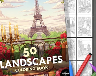 50 World Landscapes. Landscape and City Coloring Book. Adults & Children. Relaxation, Stress Relief, Creative Fun. Instant Digital Download