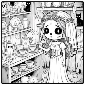 May include: Black and white illustration of a cartoon bride with a skull face, wearing a floral crown and a long dress. She stands near a shelf with teacups, teapots, and other spooky decorations, including black cats and candles.
