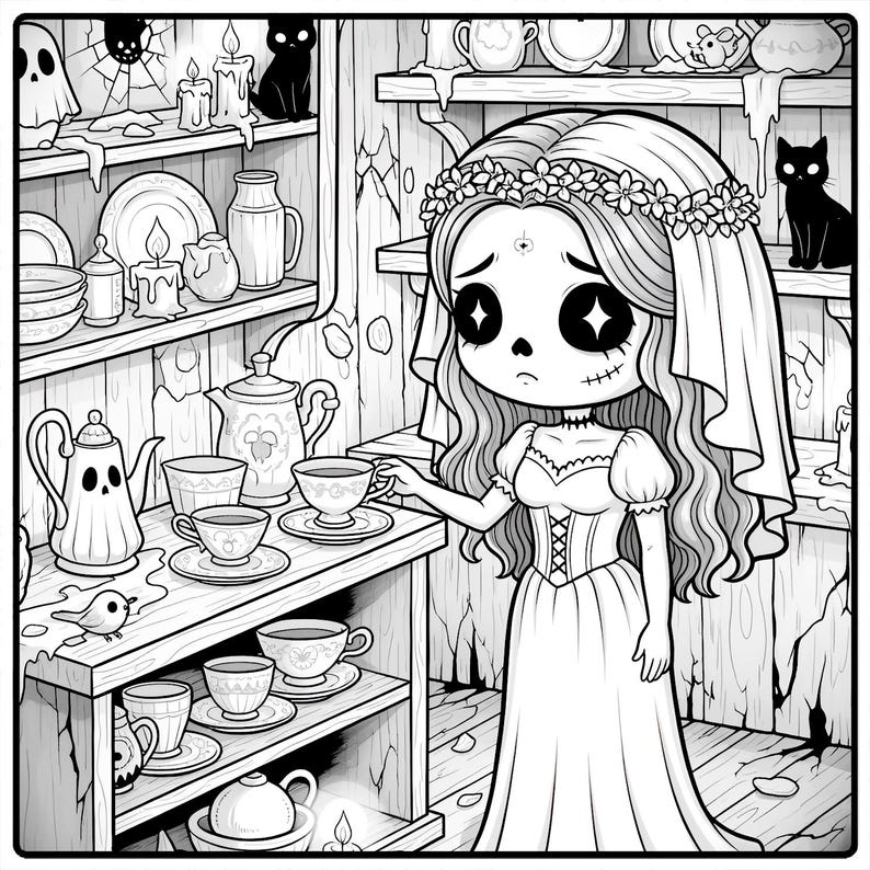 May include: Black and white illustration of a cartoon bride with a skull face, wearing a floral crown and a long dress. She stands near a shelf with teacups, teapots, and other spooky decorations, including black cats and candles.