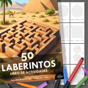 Könnte beinhalten: Ein Aktivitätsbuch mit dem Titel "50 LABERINTOS LIBRO DE ACTIVIDADES" mit einem Labyrinth-Design auf dem Cover. Das Buch ist für Kinder im Alter von 4 bis 12 Jahren und enthält Lösungen. Das Bild zeigt auch Labyrinthseiten und farbige Marker.