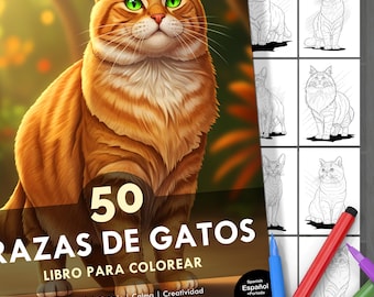 Cat Coloring Book. 50 Beautiful and Detailed Illustrations + Cover for Kids & Adults. Relaxing, Fun, and Stress-Relieving. Digital Download