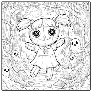 K&ouml;nnte beinhalten: Schwarz-Wei&szlig;-Illustration einer Voodoo-Puppe mit Knopfaugen und gen&auml;hten Merkmalen, in einer gruseligen Waldszene. Die Puppe ist von Geistern, B&auml;umen, Laternen und Ranken umgeben, was ein Halloween-Thema erzeugt.